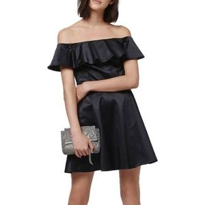 Topshop Navy Satin Ruffle Bardot Dress 8